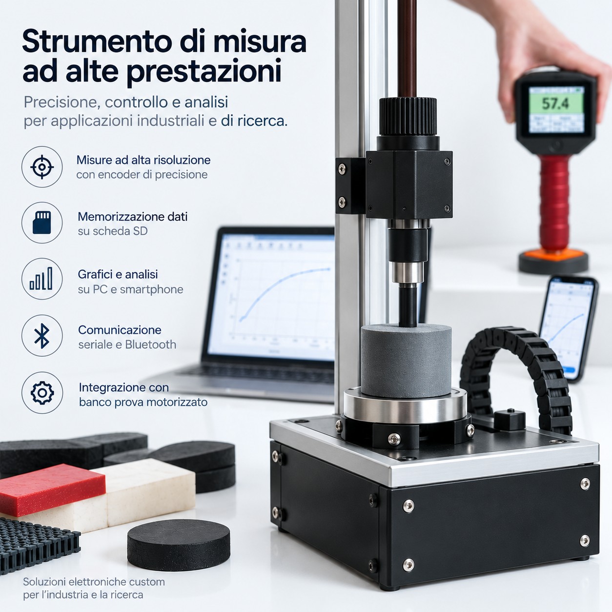 Sistema elettronico di misura ad alta risoluzione con banco prova motorizzato, PC e smartphone